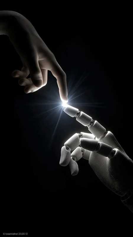A human fingertip meeting a robotic hand, lit at the point of contact.