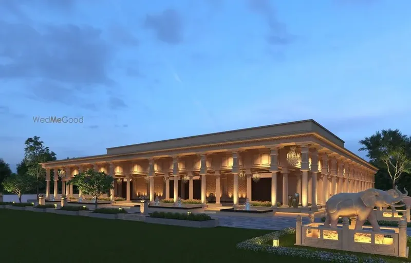Shakti Greens banquet hall at dusk